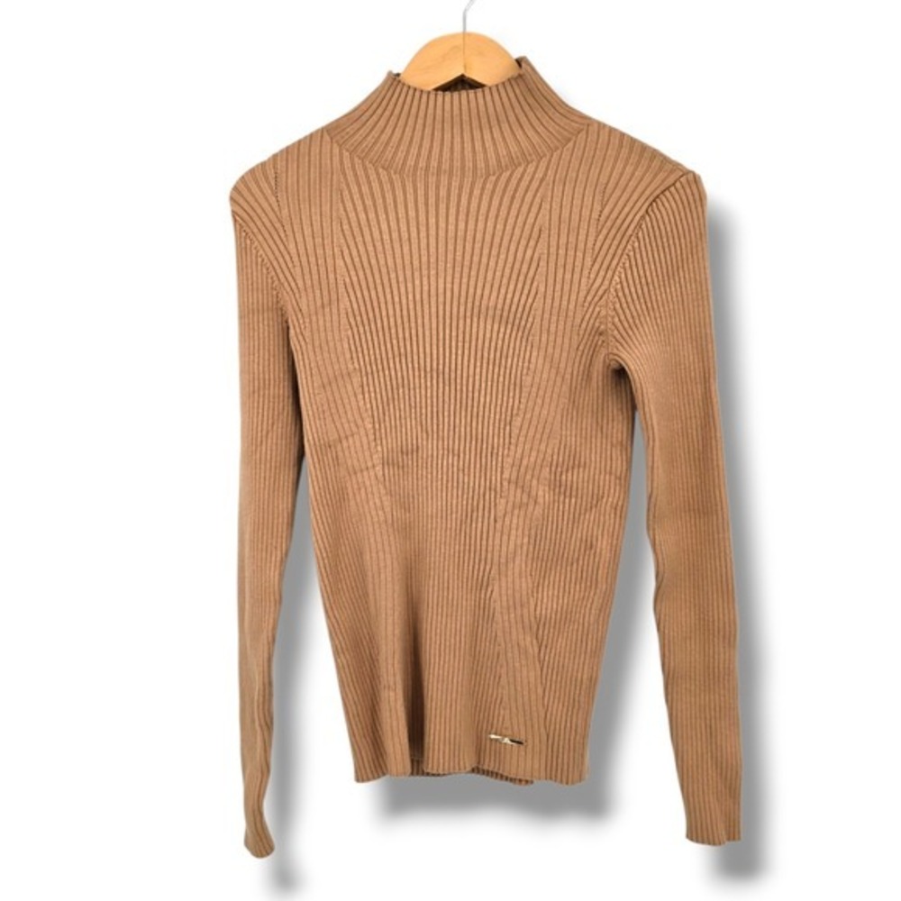 Elie Tahari Ribbed Knit Mock Neck‎ Long Sleeve Sweater Camel Size Large